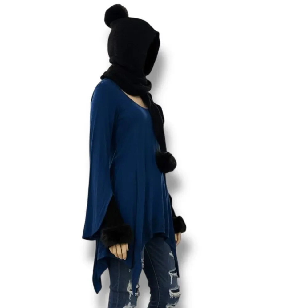 Black Knitted Head Scarf Faux Pom Pom Winter Hat NWT